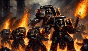 Warhammer 40,000 black templar space marines in flaming punisher armor