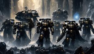 Warhammer 40,000 space marines in black punisher war machine armor