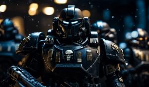 Warhammer 40,000 space marines in blacked out punisher war machine armor