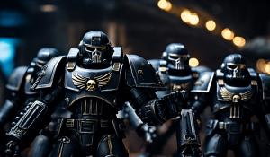 Warhammer 40,000 space marines in blacked out punisher war machine armor