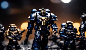 an amalgamation of Warhammer 40,000 space marines in black and the punisher