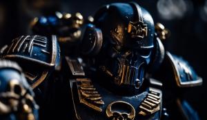 an amalgamation of Warhammer 40,000 space marines in black and the punisher