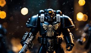 an amalgamation of Warhammer 40,000 space marines in black and the punisher