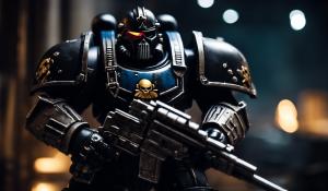 an amalgamation of Warhammer 40,000 black templar space marines and the punisher