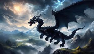 Black magical Dragon. Soaring across a mythical landscape