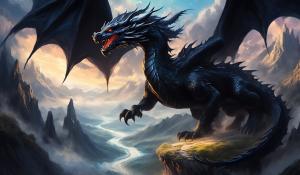 Black magical Dragon. Soaring across a mythical landscape