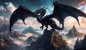 Black magical Dragon. Soaring across a mythical landscape