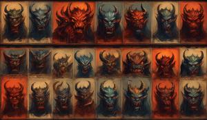 Page divided  equally into 12 boxes each with a different demon inside. Each demon must be original and unique  and each must have diffent visual styles 