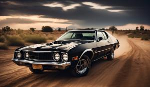 black 73 ford gran torino on a dirt road