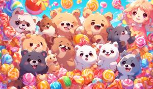 A kawaii based artwork, half baby bear half puppy and half wolf, moving animation, and a cute candy background 