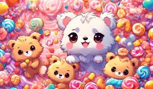 A kawaii based artwork, half baby bear half puppy and half wolf, moving animation, and a cute candy background 