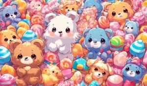 A kawaii based artwork, half baby bear half puppy and half wolf, moving animation, and a cute candy background 