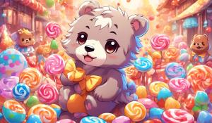 A kawaii based artwork, half baby bear half puppy and half wolf, moving animation, and a cute candy background 