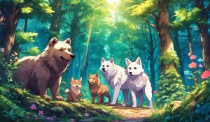 Kawaii artwork, with a bear, puppy and wolf, they are in even half sections and are in a magical forest