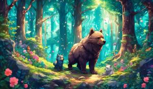 Kawaii artwork, with a bear, puppy and wolf, they are in even half sections and are in a magical forest