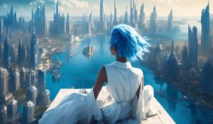 City of water, female super villan overlooking city, blue hair, white super vilan suit