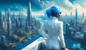 City of water, female super villan overlooking city, blue hair, white super vilan suit