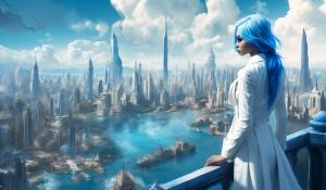 City of water, female super villan overlooking city, blue hair, white super vilan suit