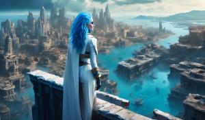 Female Super villain overlooking a sunken city, Female super villain has blue hair and a white villain outfit