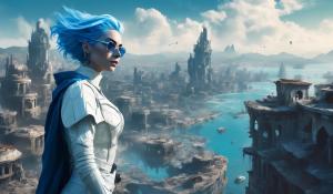 Female Super villain overlooking a sunken city, Female super villain has blue hair and a white villain outfit