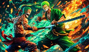 zoro of one piece fighting with Tanjirō Kamado of demon slayer