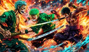 zoro of one piece fighting with Tanjirō Kamado of demon slayer