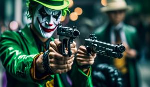 the joker  fighting zoro with  a gun 