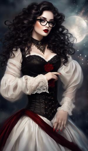 A charming curvy woman, adorned in an exquisite mix of elegant and gothic chic clothing, effortlessly combining skirts, a white blouse and underbust corsets. Her very long, black curls frame her round face with large brown eyes, long eyelashes and full red lips. She wears glasses with sturdy black frames.