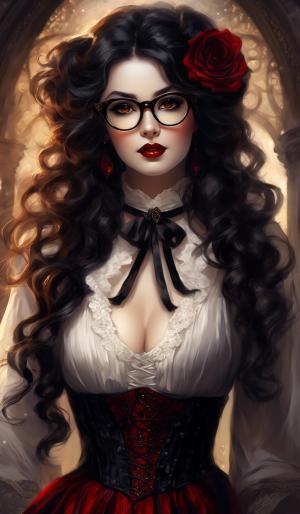 A charming curvy woman, adorned in an exquisite mix of elegant and gothic chic clothing, effortlessly combining skirts, a white blouse and underbust corsets. Her very long, black curls frame her round face with large brown eyes, long eyelashes and full red lips. She wears glasses with sturdy black frames.