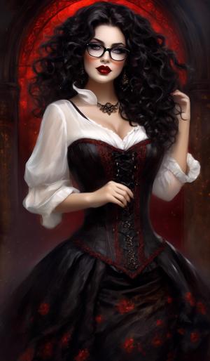 A charming curvy woman, adorned in an exquisite mix of elegant and gothic chic clothing, effortlessly combining skirts, a white blouse and underbust corsets. Her very long, black curls frame her round face with large brown eyes, long eyelashes and full red lips. She wears glasses with sturdy black frames.