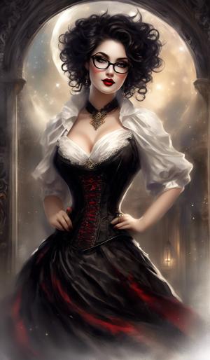 A charming curvy woman, adorned in an exquisite mix of elegant and gothic chic clothing, effortlessly combining skirts, a white blouse and underbust corsets. Her very long, black curls frame her round face with large brown eyes, long eyelashes and full red lips. She wears glasses with sturdy black frames.