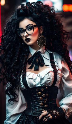 A charming curvy woman, adorned in an exquisite mix of elegant and gothic chic clothing, effortlessly combining skirts, a white blouse and underbust corsets. Her very long, black curls frame her round face with large brown eyes, long eyelashes and full red lips. She wears glasses with sturdy black frames.