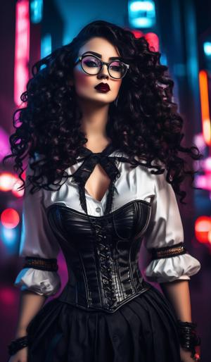 A charming curvy woman, adorned in an exquisite mix of elegant and gothic chic clothing, effortlessly combining skirts, a white blouse and underbust corsets. Her very long, black curls frame her round face with large brown eyes, long eyelashes and full red lips. She wears glasses with sturdy black frames.