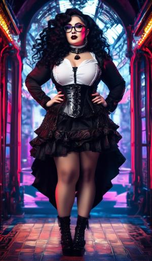 A charming curvy woman, adorned in an exquisite mix of elegant and gothic chic clothing, effortlessly combining skirts, a white blouse and underbust corsets. Her very long, black curls frame her round face with large brown eyes, long eyelashes and full red lips. She wears glasses with sturdy black frames.