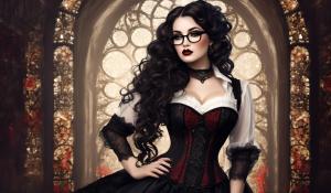 A charming curvy woman, adorned in an exquisite mix of elegant and gothic chic clothing, effortlessly combining skirts, a white blouse and underbust corsets. Her very long, black curls frame her round face with large brown eyes, long eyelashes and full red lips. She wears glasses with sturdy black frames.