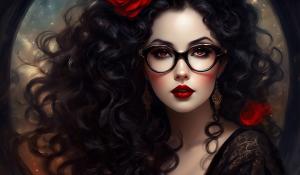 A charming curvy woman, adorned in an exquisite mix of elegant and gothic chic clothing, effortlessly combining skirts, a white blouse and underbust corsets. Her very long, black curls frame her round face with large brown eyes, long eyelashes and full red lips. She wears glasses with sturdy black frames.