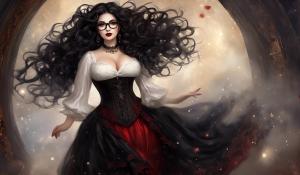 A charming curvy woman, adorned in an exquisite mix of elegant and gothic chic clothing, effortlessly combining skirts, a white blouse and underbust corsets. Her very long, black curls frame her round face with large brown eyes, long eyelashes and full red lips. She wears glasses with sturdy black frames.