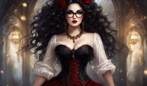 A charming curvy woman, adorned in an exquisite mix of elegant and gothic chic clothing, effortlessly combining skirts, a white blouse and underbust corsets. Her very long, black curls frame her round face with large brown eyes, long eyelashes and full red lips. She wears glasses with sturdy black frames.