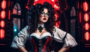 A charming curvy woman, adorned in an exquisite mix of elegant and gothic chic clothing, effortlessly combining skirts, a white blouse and underbust corsets. Her very long, black curls frame her round face with large brown eyes, long eyelashes and full red lips. She wears glasses with sturdy black frames.