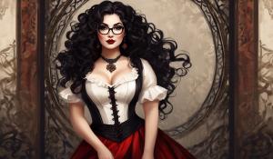 A charming curvy woman, adorned in an exquisite mix of elegant and gothic chic clothing, effortlessly combining skirts, a white blouse and underbust corsets. Her very long, black curls frame her round face with large brown eyes, long eyelashes and full red lips. She wears glasses with sturdy black frames.