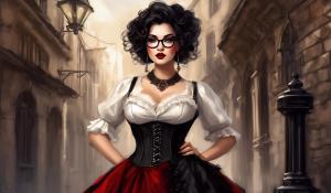 A charming curvy woman, adorned in an exquisite mix of elegant and gothic chic clothing, effortlessly combining skirts, a white blouse and underbust corsets. Her very long, black curls frame her round face with large brown eyes, long eyelashes and full red lips. She wears glasses with sturdy black frames.