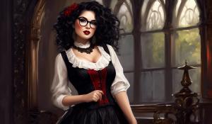 A charming curvy woman, adorned in an exquisite mix of elegant and gothic chic clothing, effortlessly combining skirts, a white blouse and underbust corsets. Her very long, black curls frame her round face with large brown eyes, long eyelashes and full red lips. She wears glasses with sturdy black frames.