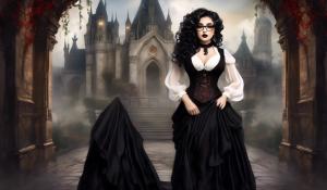 A charming curvy woman, adorned in an exquisite mix of elegant and gothic chic clothing, effortlessly combining skirts, a white blouse and underbust corsets. Her very long, black curls frame her round face with large brown eyes, long eyelashes and full red lips. She wears glasses with sturdy black frames.