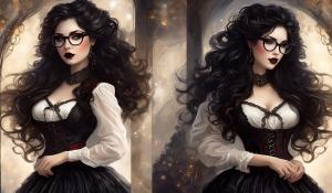 A charming curvy woman, adorned in an exquisite mix of elegant and gothic chic clothing, effortlessly combining skirts, a white blouse and underbust corsets. Her very long, black curls frame her round face with large brown eyes, long eyelashes and full red lips. She wears glasses with sturdy black frames.