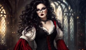 A charming curvy woman, adorned in an exquisite mix of elegant and gothic chic clothing, effortlessly combining skirts, a white blouse and underbust corsets. Her very long, black curls frame her round face with large brown eyes, long eyelashes and full red lips. She wears glasses with sturdy black frames.