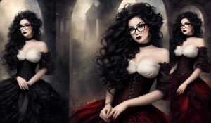 A charming curvy woman, adorned in an exquisite mix of elegant and gothic chic clothing, effortlessly combining skirts, a white blouse and underbust corsets. Her very long, black curls frame her round face with large brown eyes, long eyelashes and full red lips. She wears glasses with sturdy black frames.