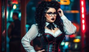 A charming curvy woman, adorned in an exquisite mix of elegant and gothic chic clothing, effortlessly combining skirts, a white blouse and underbust corsets. Her very long, black curls frame her round face with large brown eyes, long eyelashes and full red lips. She wears glasses with sturdy black frames.