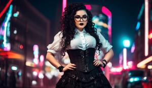 A charming curvy woman, adorned in an exquisite mix of elegant and gothic chic clothing, effortlessly combining skirts, a white blouse and underbust corsets. Her very long, black curls frame her round face with large brown eyes, long eyelashes and full red lips. She wears glasses with sturdy black frames.