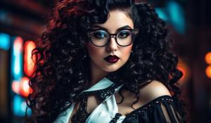 A charming curvy woman, adorned in an exquisite mix of elegant and gothic chic clothing, effortlessly combining skirts, a white blouse and underbust corsets. Her very long, black curls frame her round face with large brown eyes, long eyelashes and full red lips. She wears glasses with sturdy black frames.