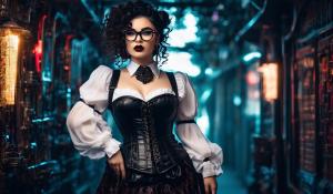 A charming curvy woman, adorned in an exquisite mix of elegant and gothic chic clothing, effortlessly combining skirts, a white blouse and underbust corsets. Her very long, black curls frame her round face with large brown eyes, long eyelashes and full red lips. She wears glasses with sturdy black frames.